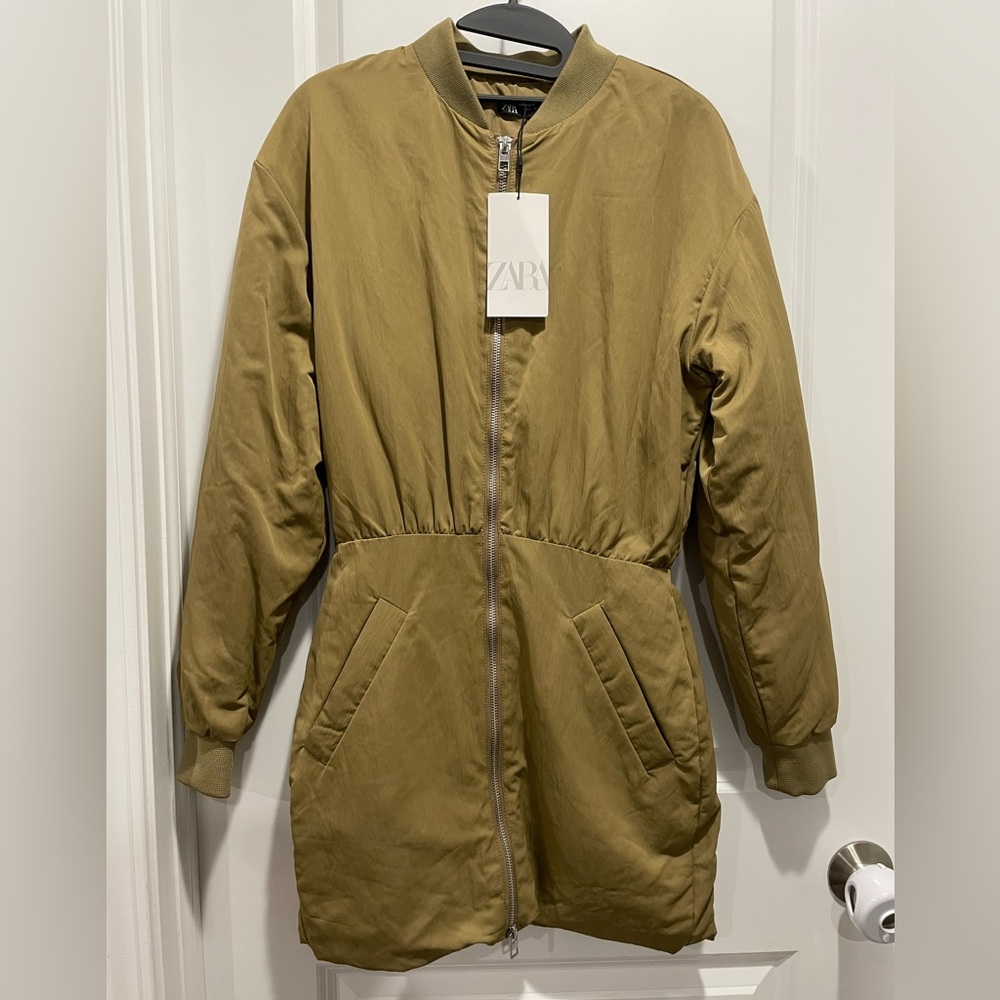 Zara Olive Bomber Dress Jacket Coat Size Small - Picture 6 of 8
